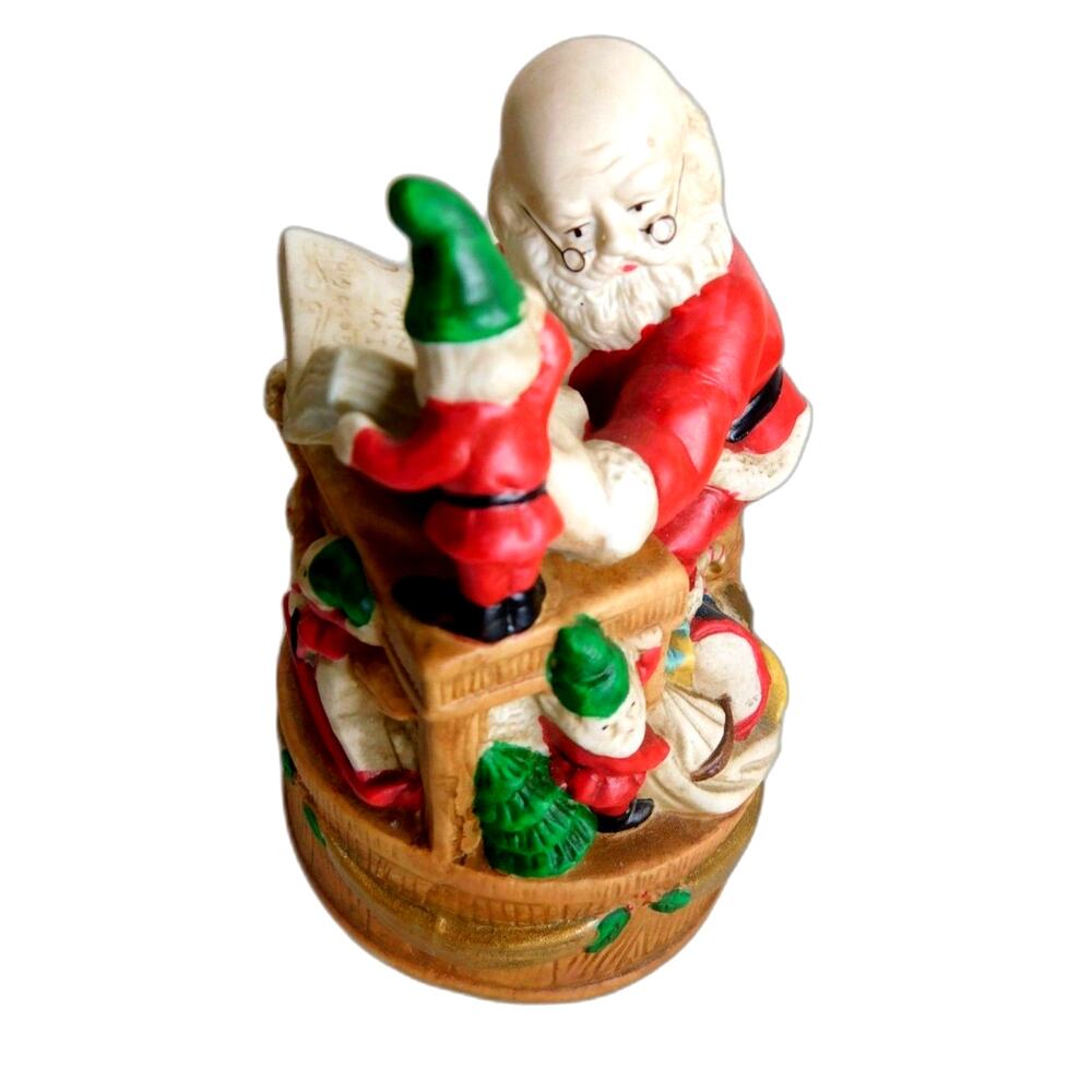 Vtg Abraham & Straus Santa's Workshop Ceramic Music Box Santa & Elves Figurine